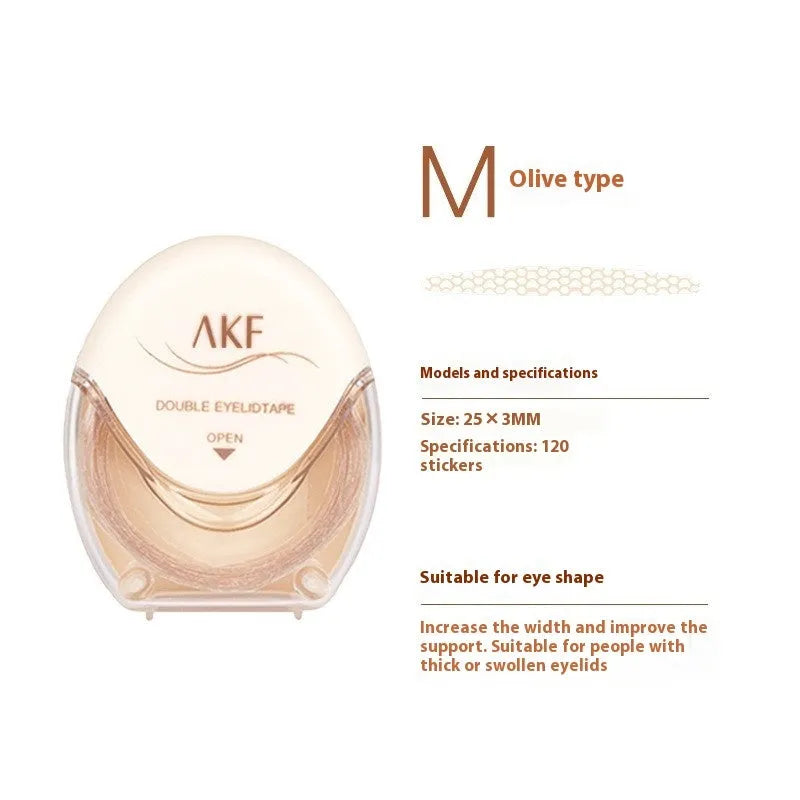Roll of transparent lace double eyelid stickers, 120 pieces, showing Crescent and Olive shape options.