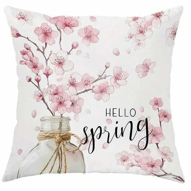Short velvet cushion cover with spring cherry blossom and letter design, 45x45cm.