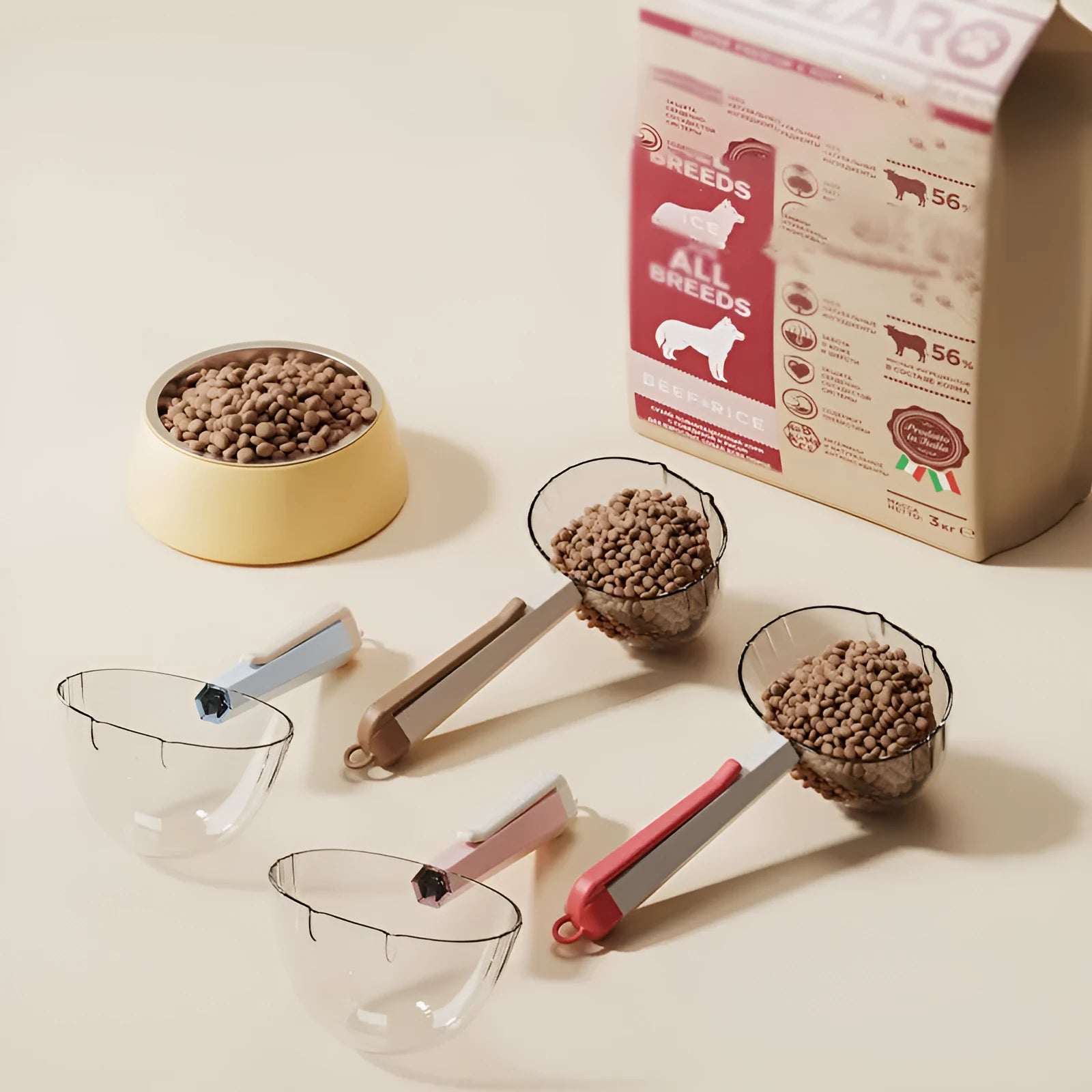 Pet food spoon with clip attachment in blue, coffee, pink, and red colour options for hygienic dog and cat feeding