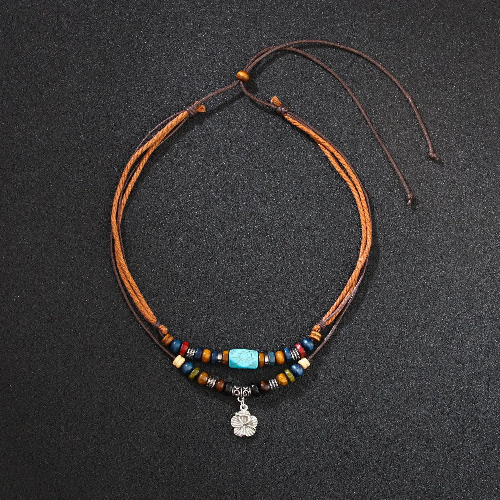 Men's retro wooden bead necklace with geometric alloy pendant and turquoise accents on wax rope cord.