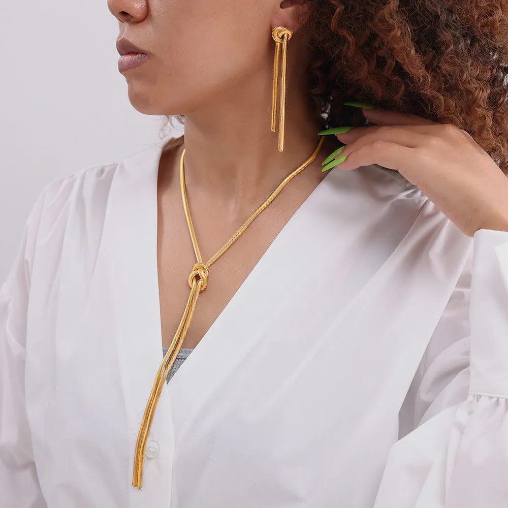 Gold knotted tassel snake chain long necklace with matching titanium steel earrings set