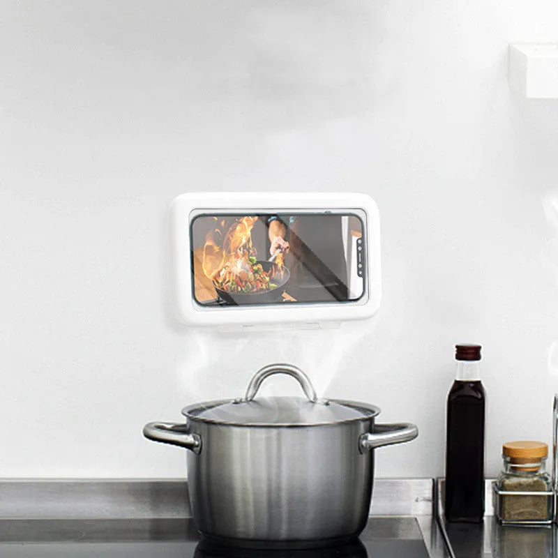 Waterproof phone holder mounted on bathroom tile with phone visible through anti-fog window