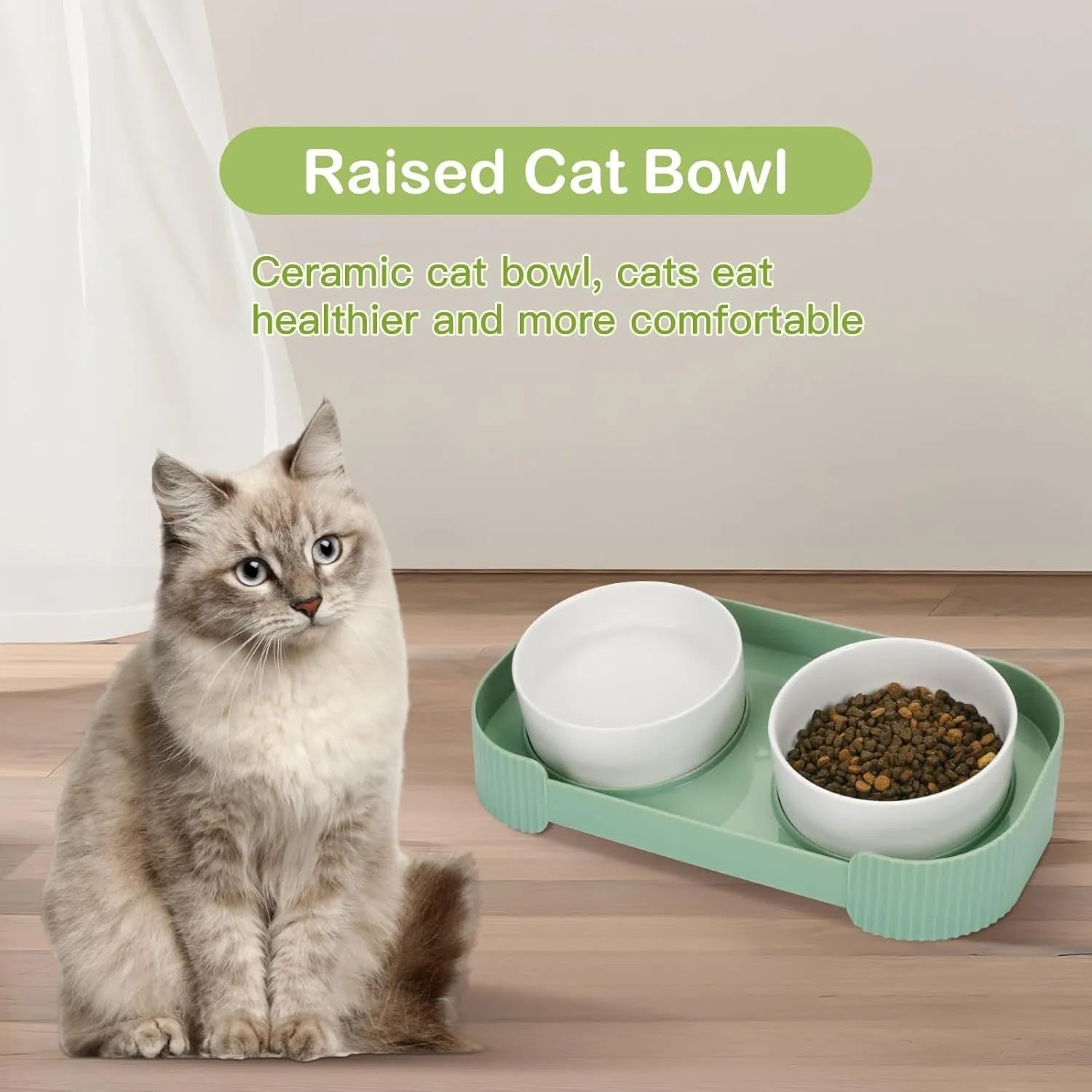 Green elevated ceramic cat bowl set with two bowls on a tilted stand, showing non-slip base.