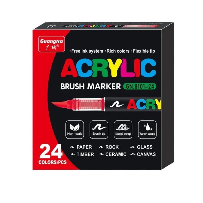 Set of straight liquid acrylic marker pens with soft felt tips, arranged by colour.