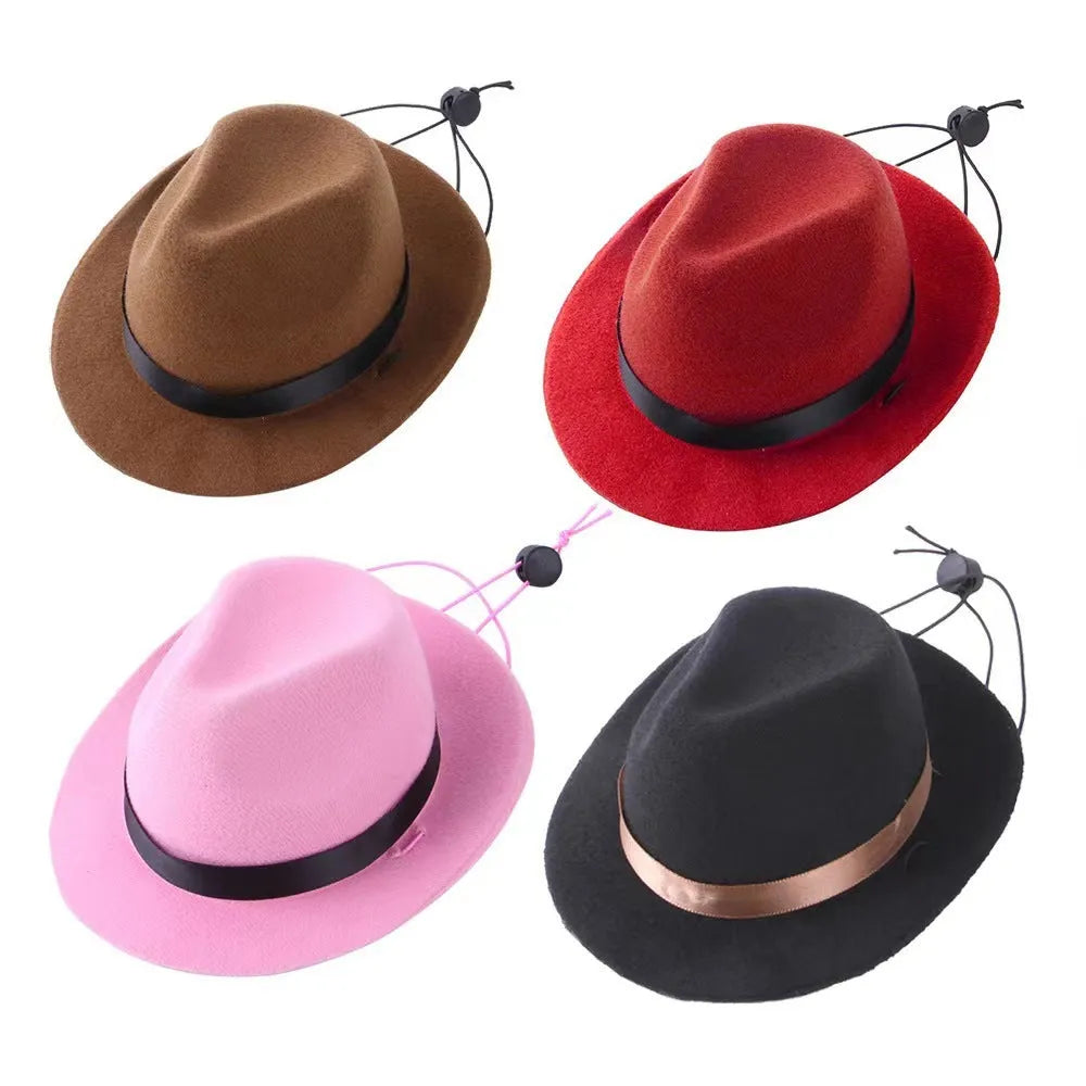 Small pink felt hat for a dog, shown as a sun protection and costume accessory.
