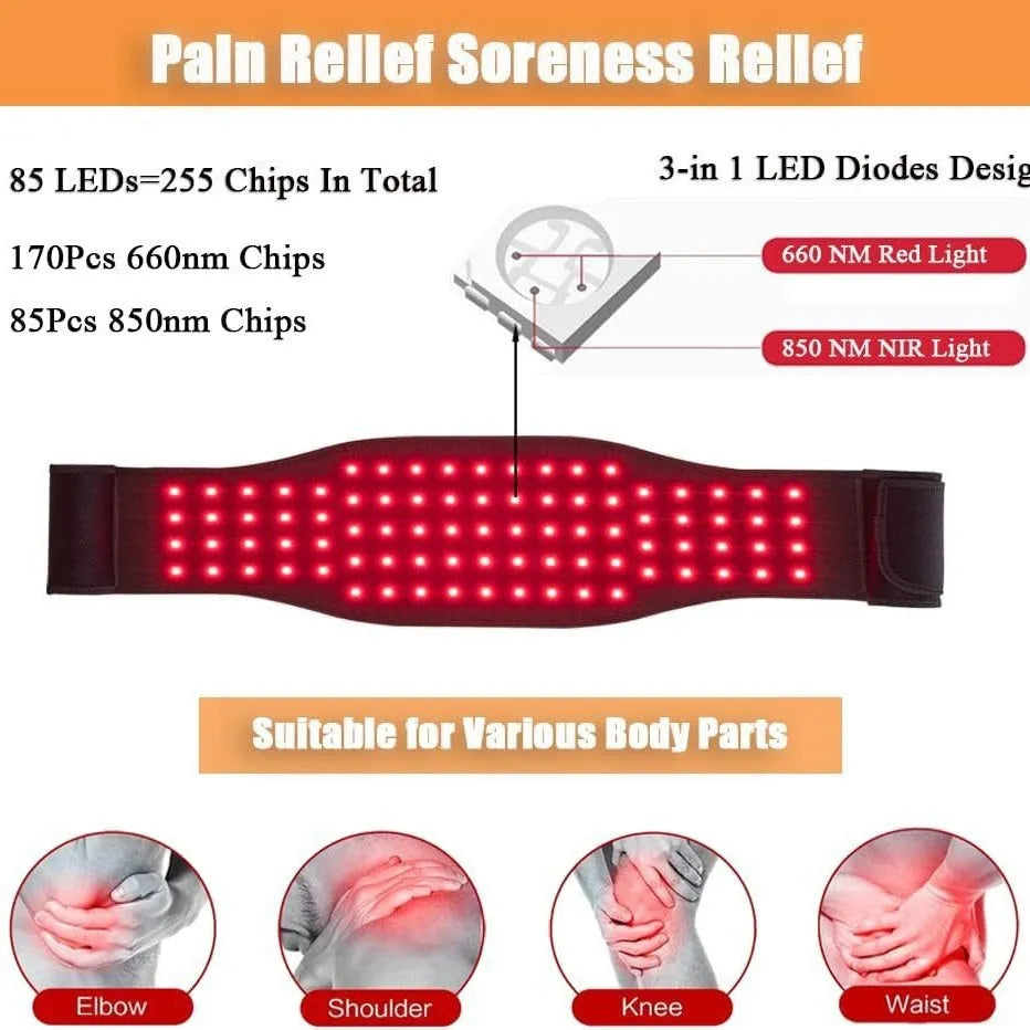 Black adjustable infrared therapy belt for waist and back pain relief with red light heat therapy