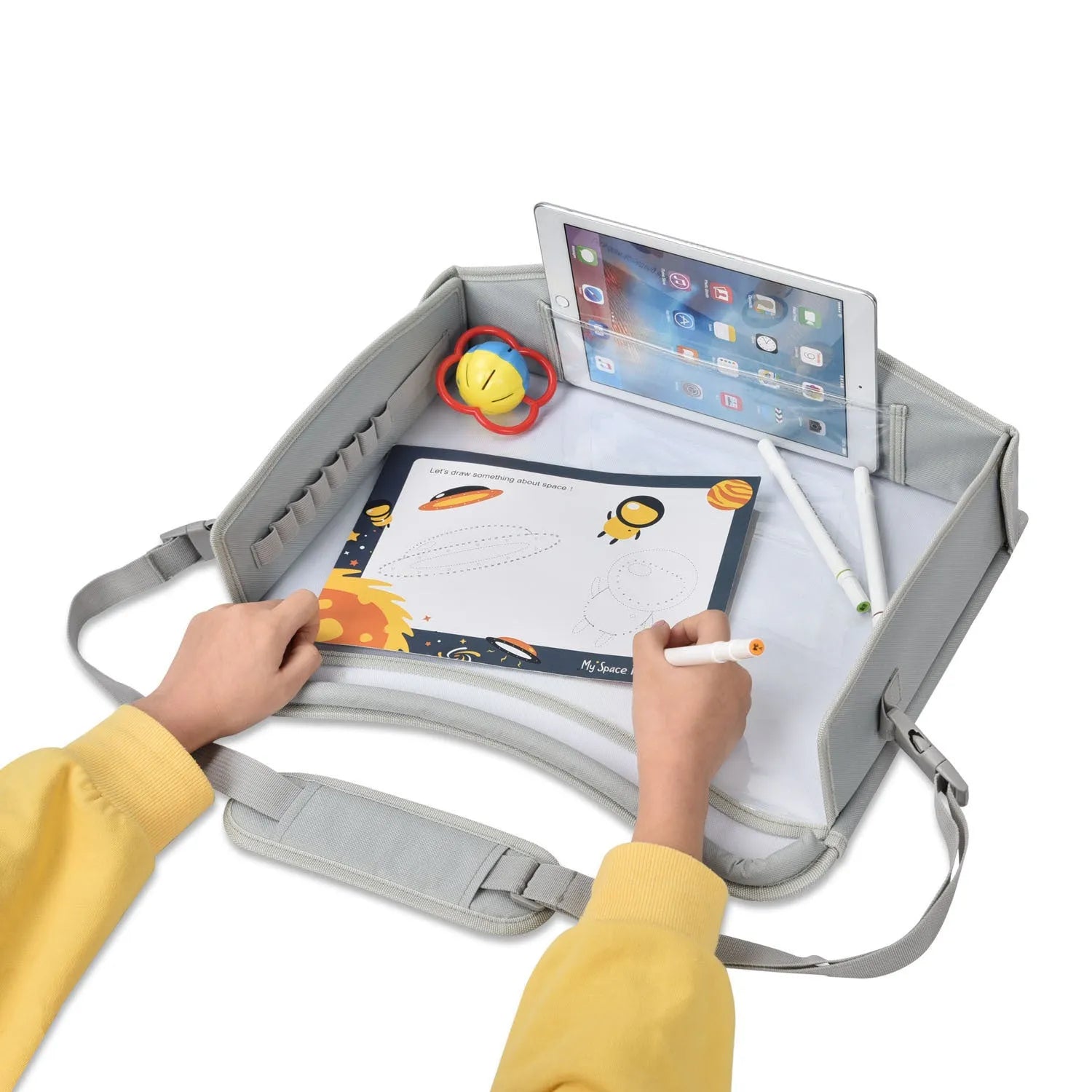Gray portable car safety seat tray made from Oxford cloth measuring 43x36.5x30cm