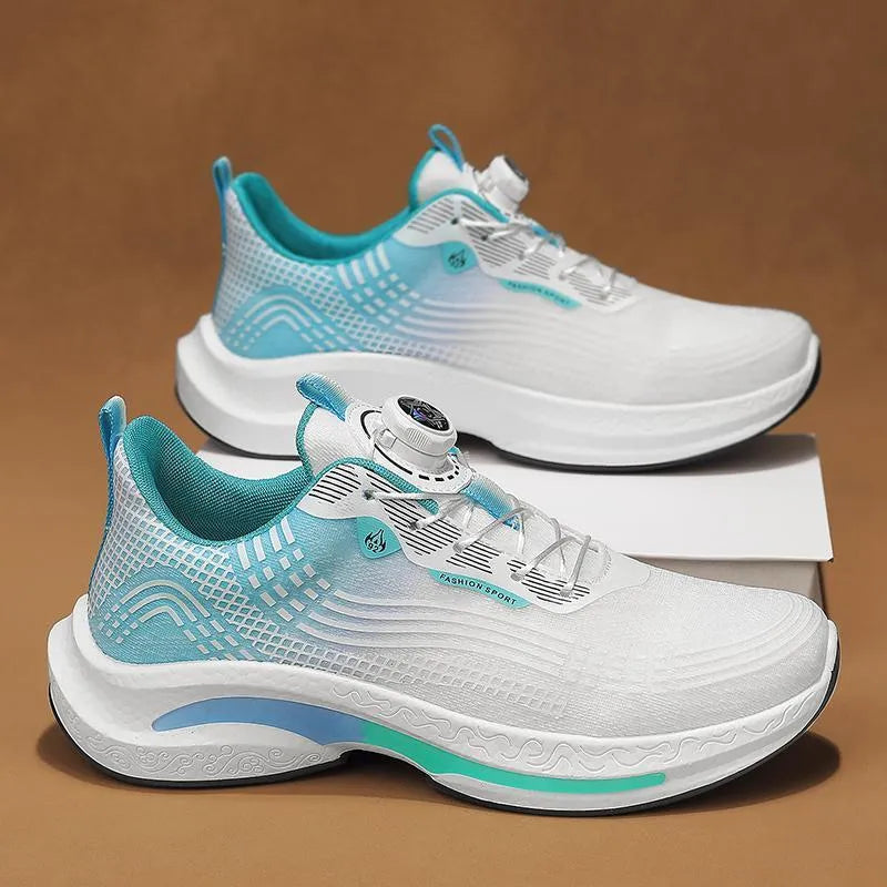 Men's low-top mesh sneakers in white and blue colourway on a rubber sole.