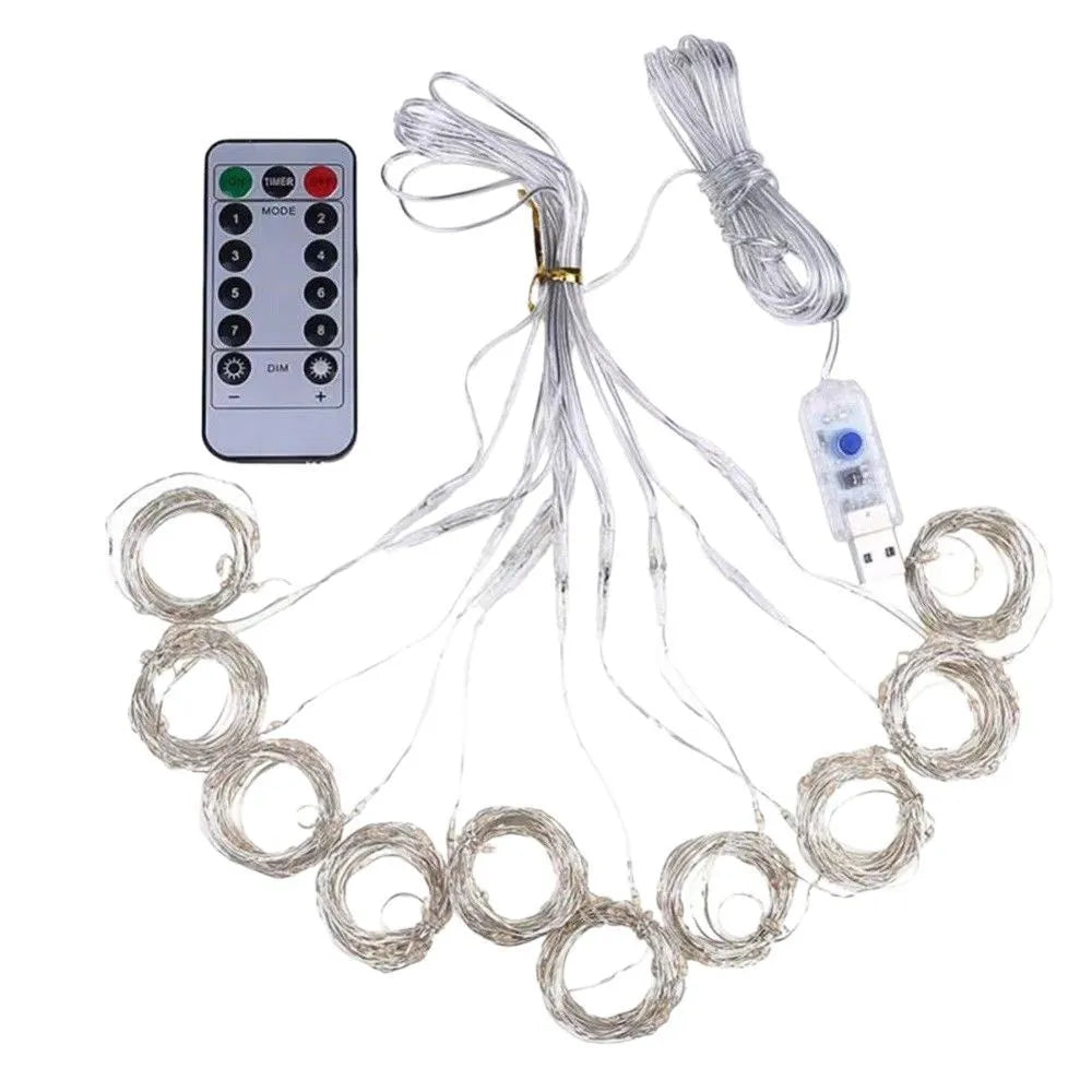 Mains-powered outdoor curtain lighting chain with 300 warm colour lights on copper wire, flower-shaped, for Christmas decoration