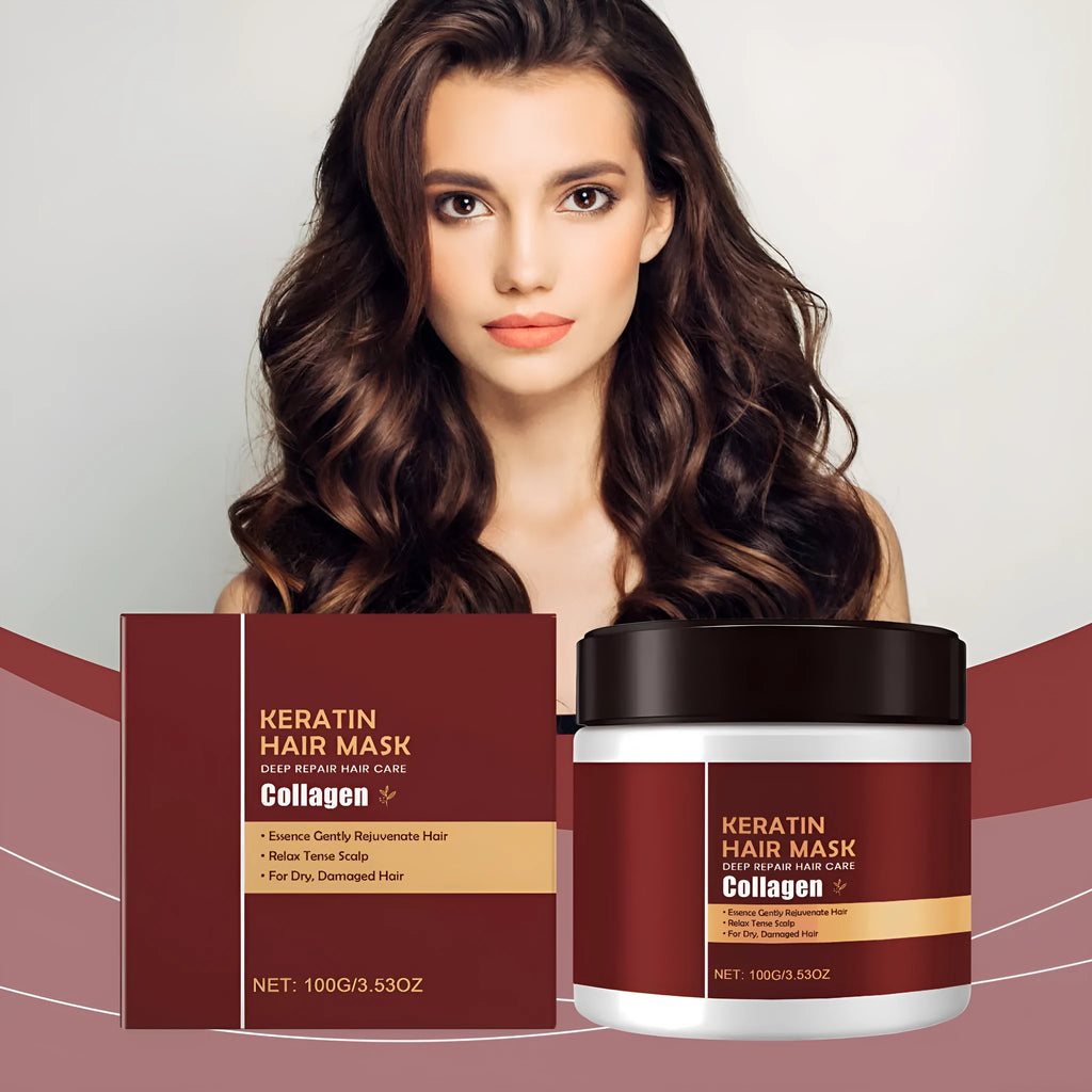 100g hair mask container with hydrolysed keratin and collagen formula for conditioning.