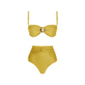 Women's high waist bikini swimsuit with skirt cover-up in yellow split or green one-piece design