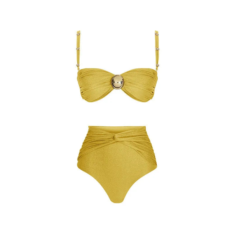 Women's high waist bikini swimsuit with skirt cover-up in yellow split or green one-piece design