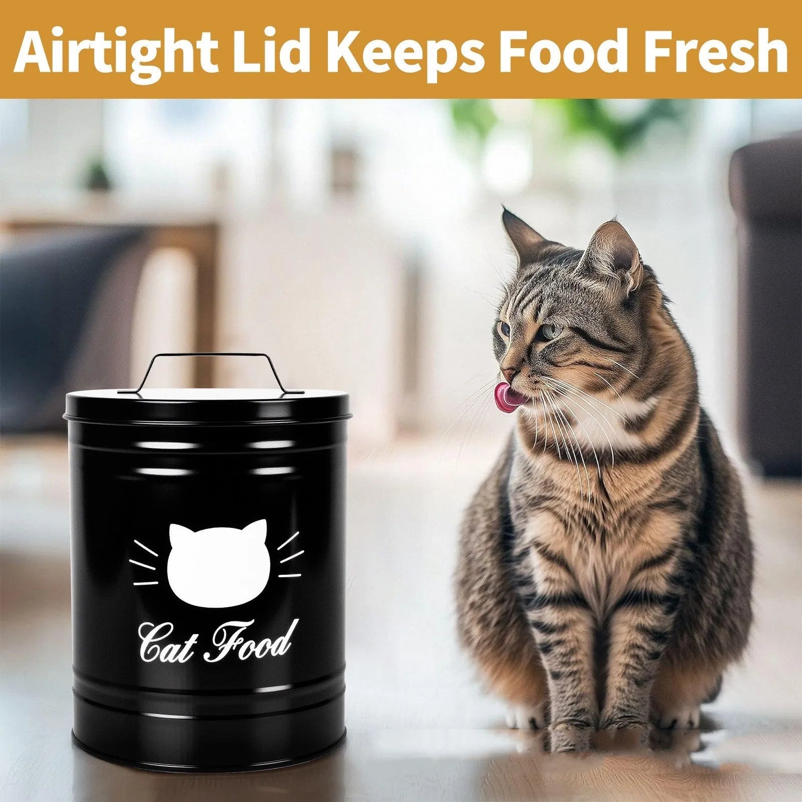Round black and white iron sheet storage can with lid for kitchen dry goods.