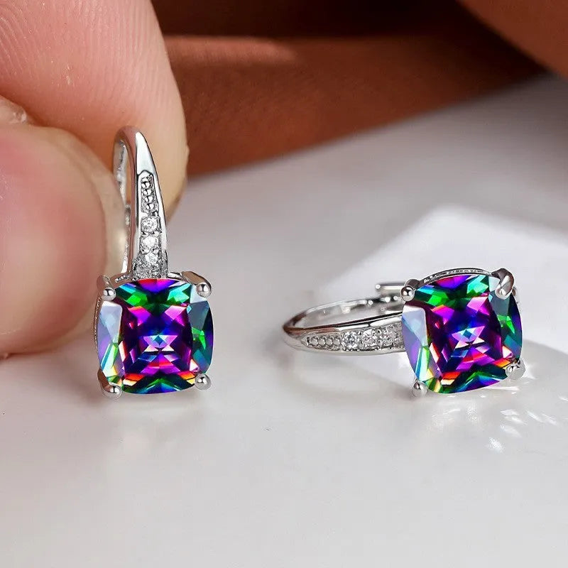 Square zircon inlaid geometric ear hook earrings with Korean style electroplated copper construction