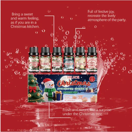 Christmas aromatherapy oil diffuser set showing six units with 60ml and 10ml bottles for home fragrance.
