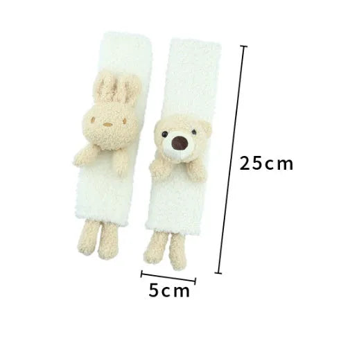 Cartoon plush car seat belt shoulder protector in lamb wool, showing rabbit and bear designs.