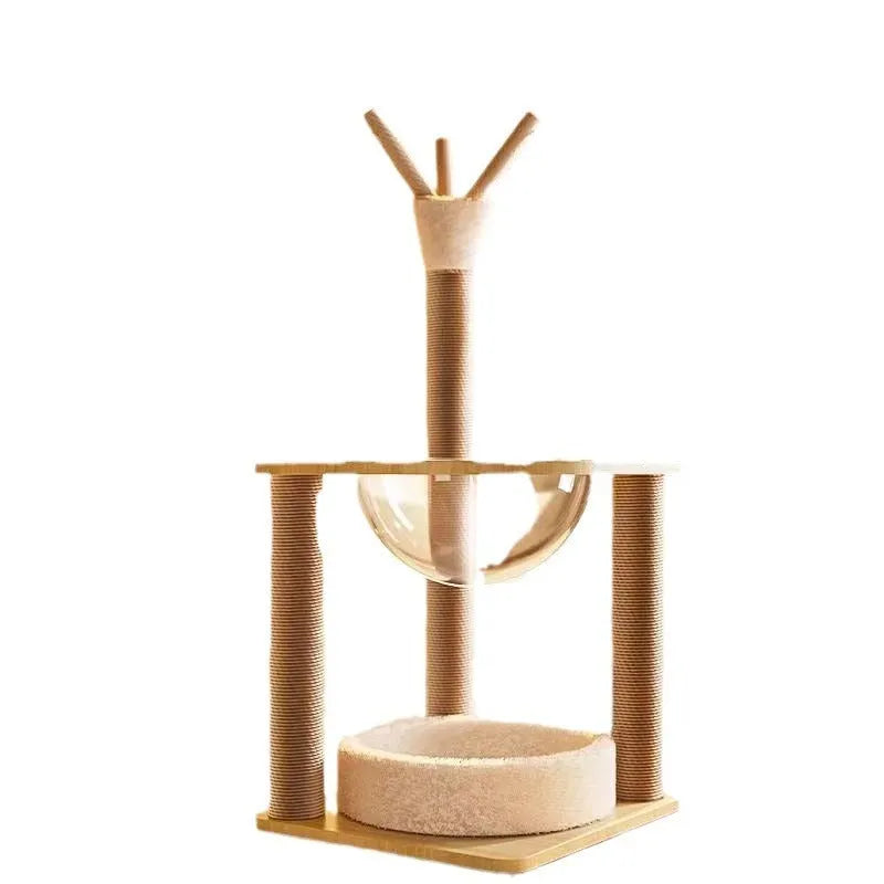 Wooden cat climbing frame with integrated space capsule in luxury wood colour