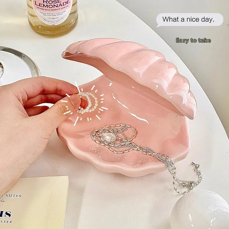 White porcelain storage box tray with optional small night light, in pink or white shell colours.
