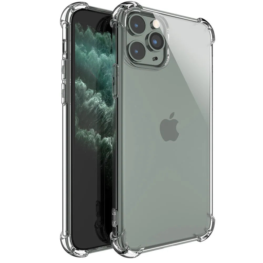 Clear transparent TPU shockproof phone case for various iPhone models on a table.