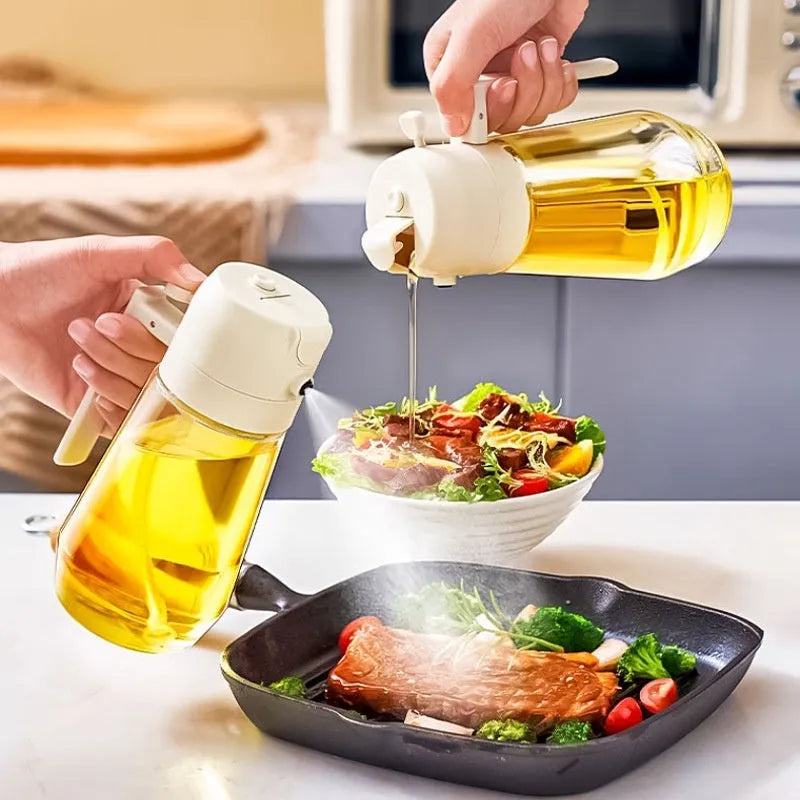 470ml glass olive oil sprayer dispenser bottle in beige, black, green, or yellow colours with ergonomic handle