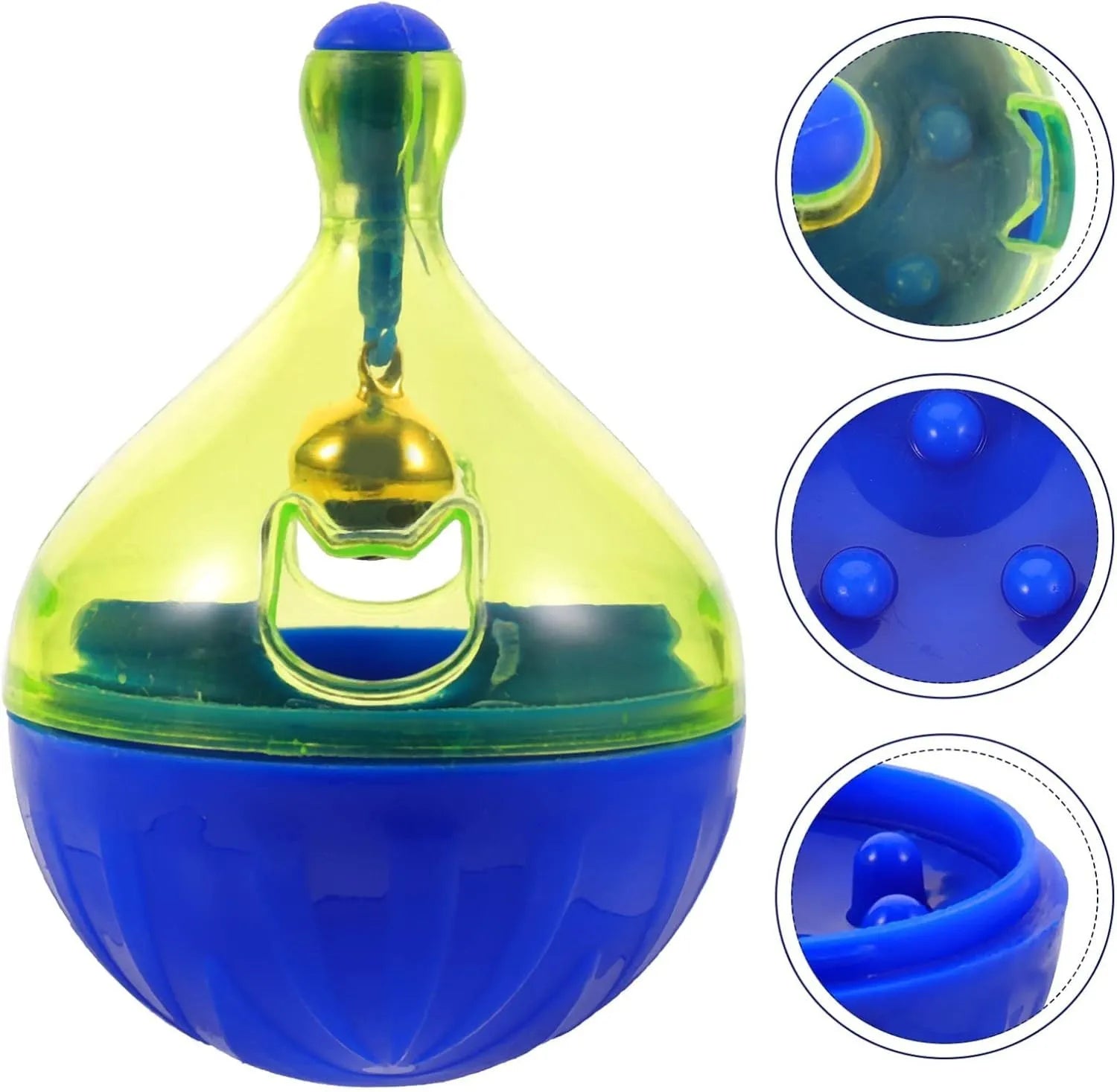 Blue and green tumbler-shaped interactive treat dispenser toy for dogs and cats on a wooden floor.