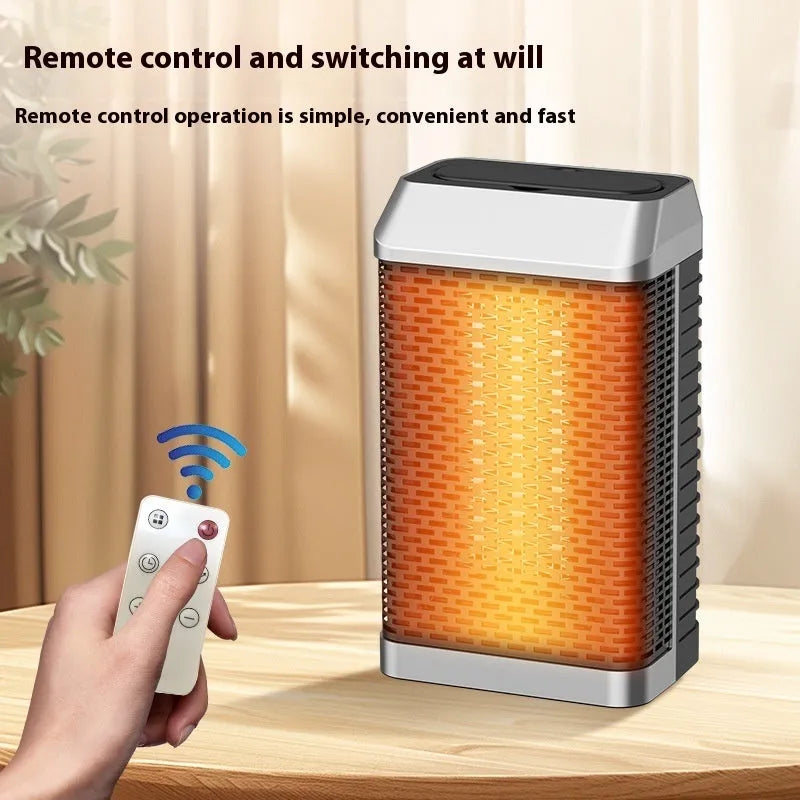 Black remote control type desktop smart heater with oscillating head, showing dimensions 14.5x10x26cm.