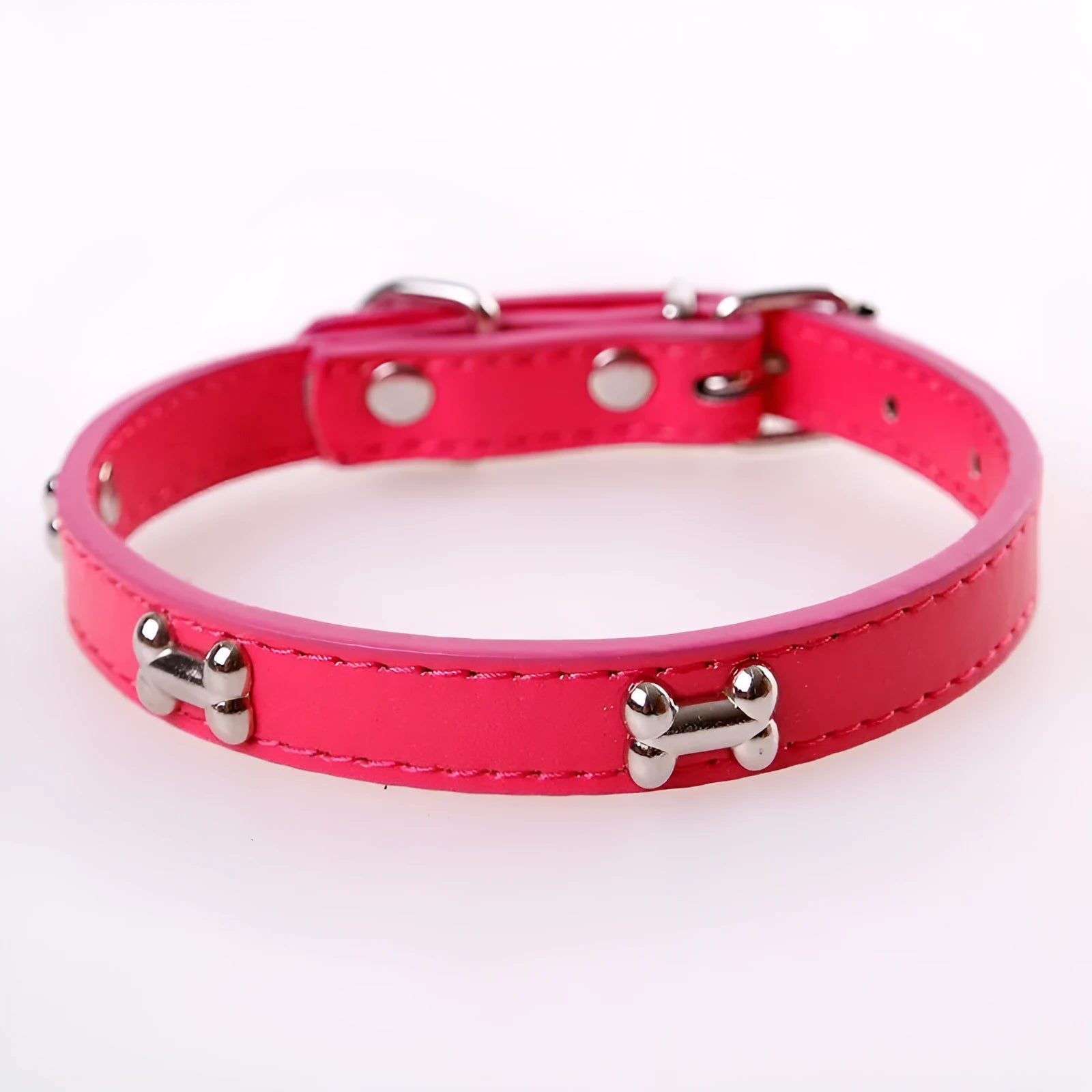 PU adjustable pet neck ring collar in black on a light background showing buckle and size details