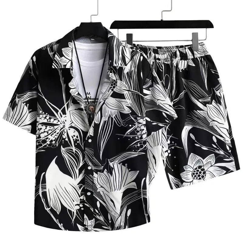 Men's casual digital print shorts suit with matching shirt, shown in colour Suit 52.