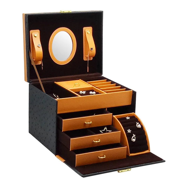 Leather jewellery storage drawer box with hard shell, 22.5x16x17cm, plain pattern, multiple colours