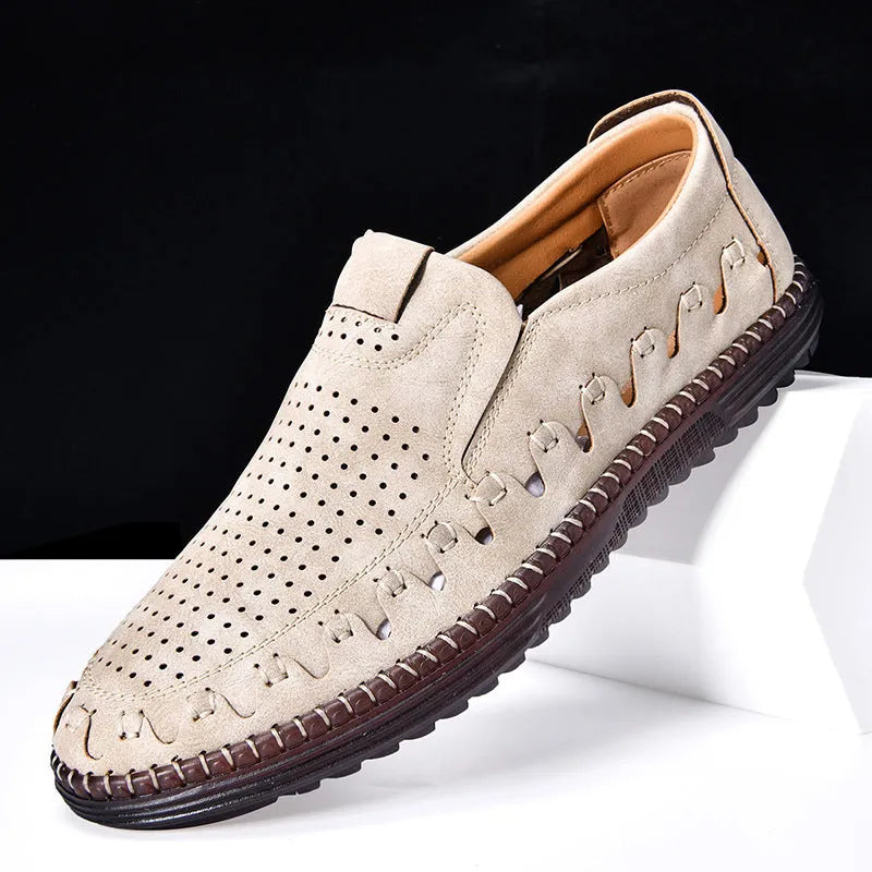Men's brown artificial PU slip-on casual shoes with leather lining and flat sole.