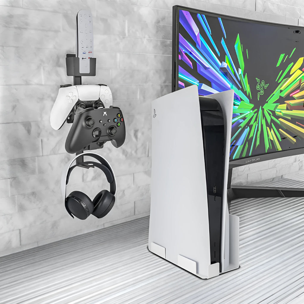 White ABS plastic wall hook holding a PS5 controller and headphones.