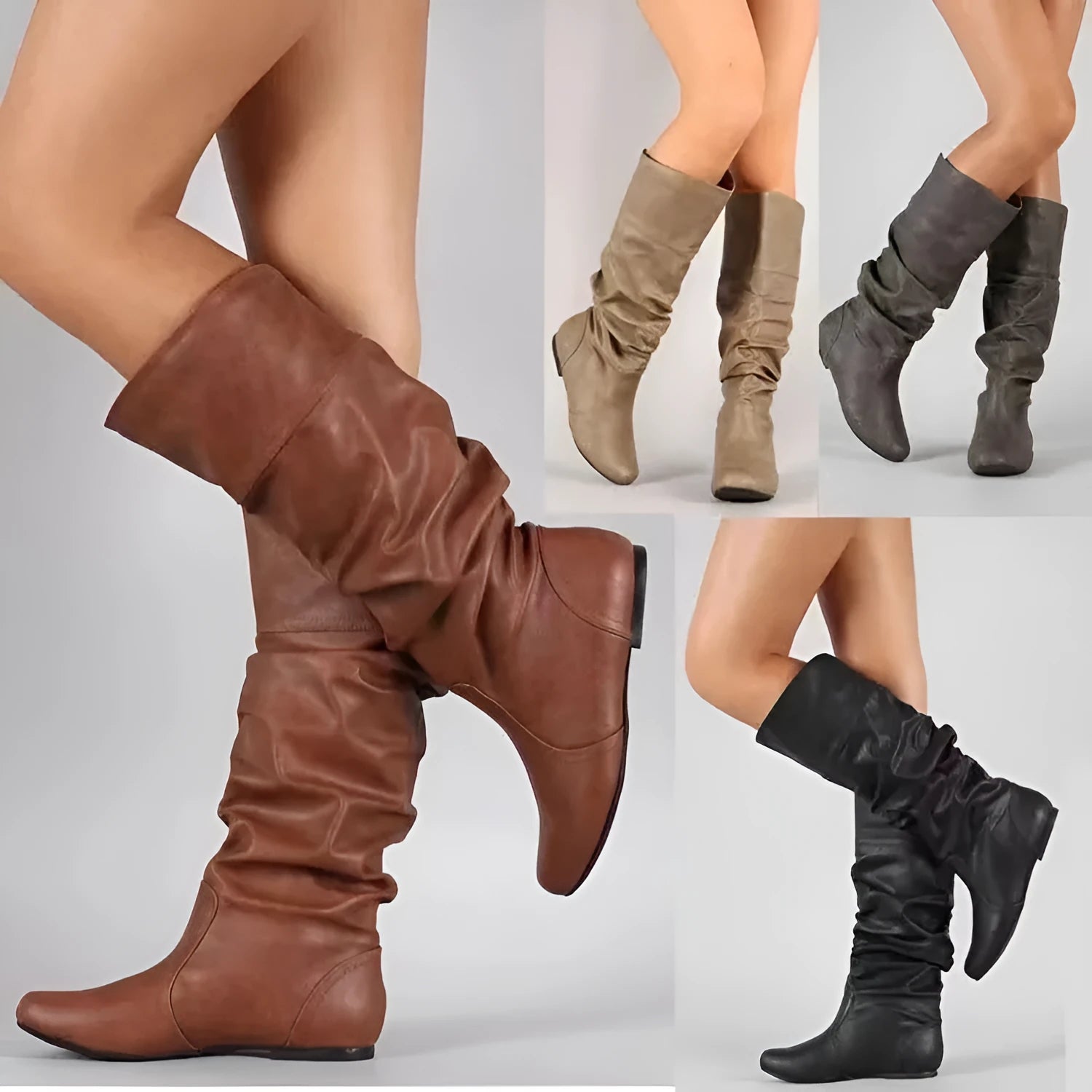 Women's flat knee-high slip-on boots in black with a round toe and rubber sole.