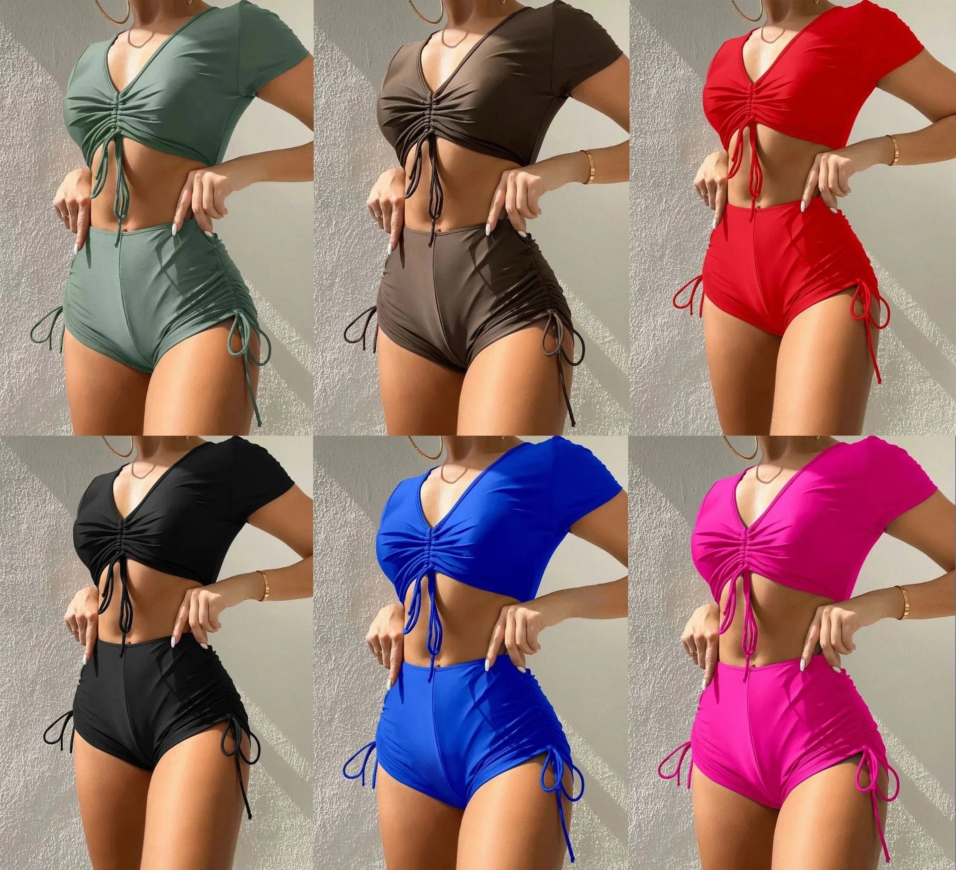 Women's lace-up bow swimsuit set in polyester fibre with matching shorts for swimming