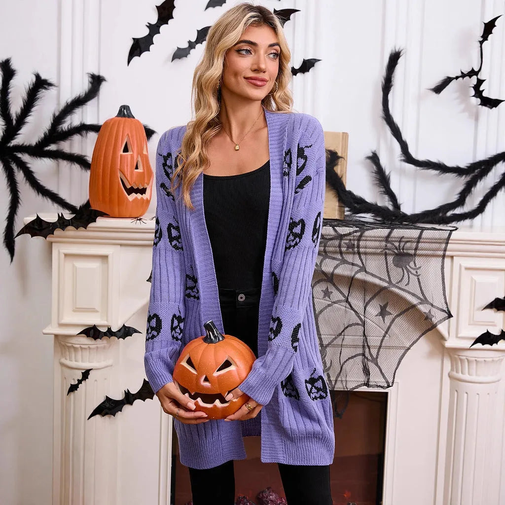 Women's black Halloween pumpkin head jacquard knitted cardigan sweater on hanger