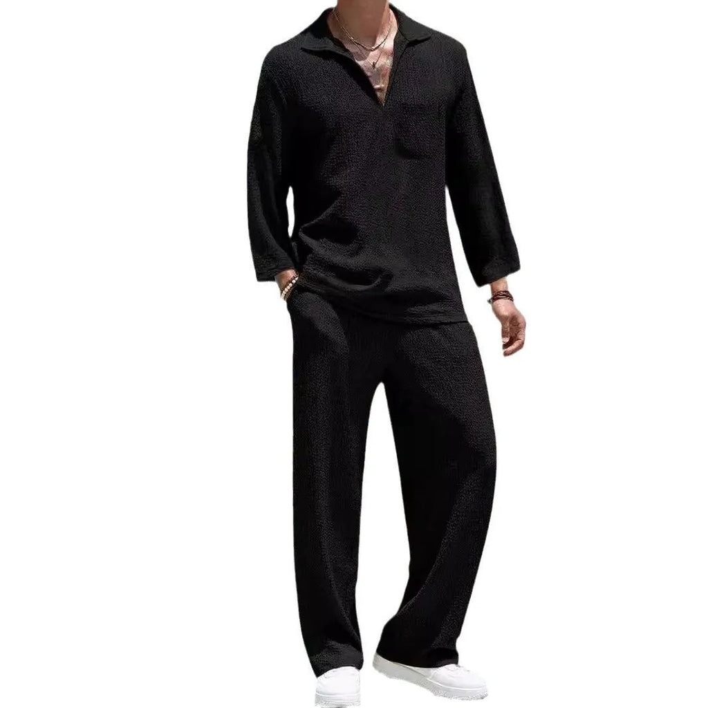 Men's casual polyester shirt and trousers set in lake blue colour