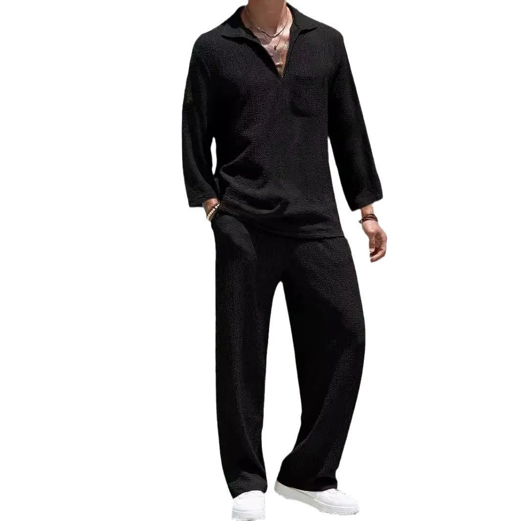 Men's casual polyester shirt and trousers set in lake blue colour