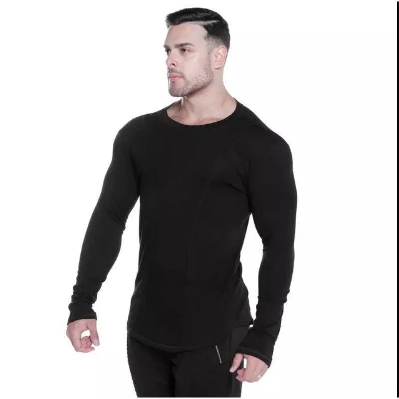 Men's milk silk long sleeve round neck fitness top with letter print in black, shown on a dark background