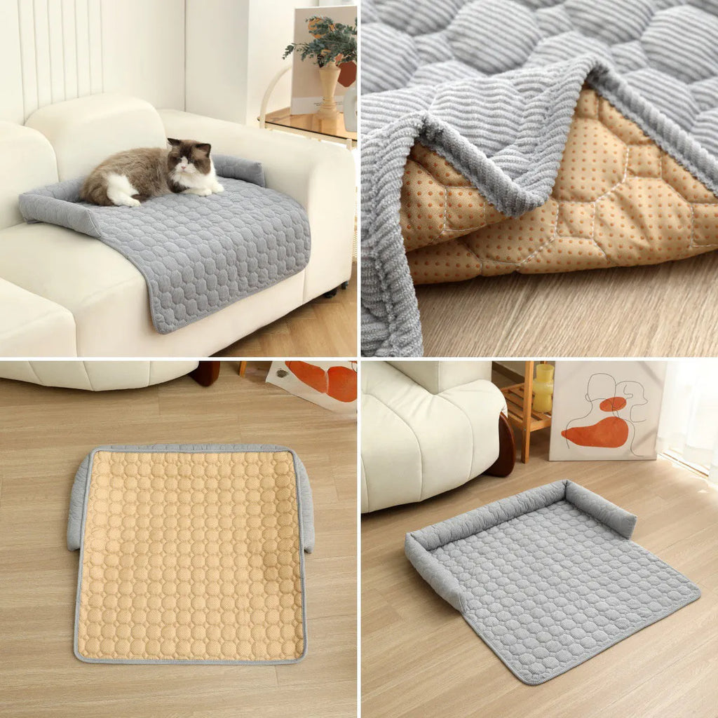 Thick corduroy pet bed mat with neck pillow in beige, 75x75cm, on a floor
