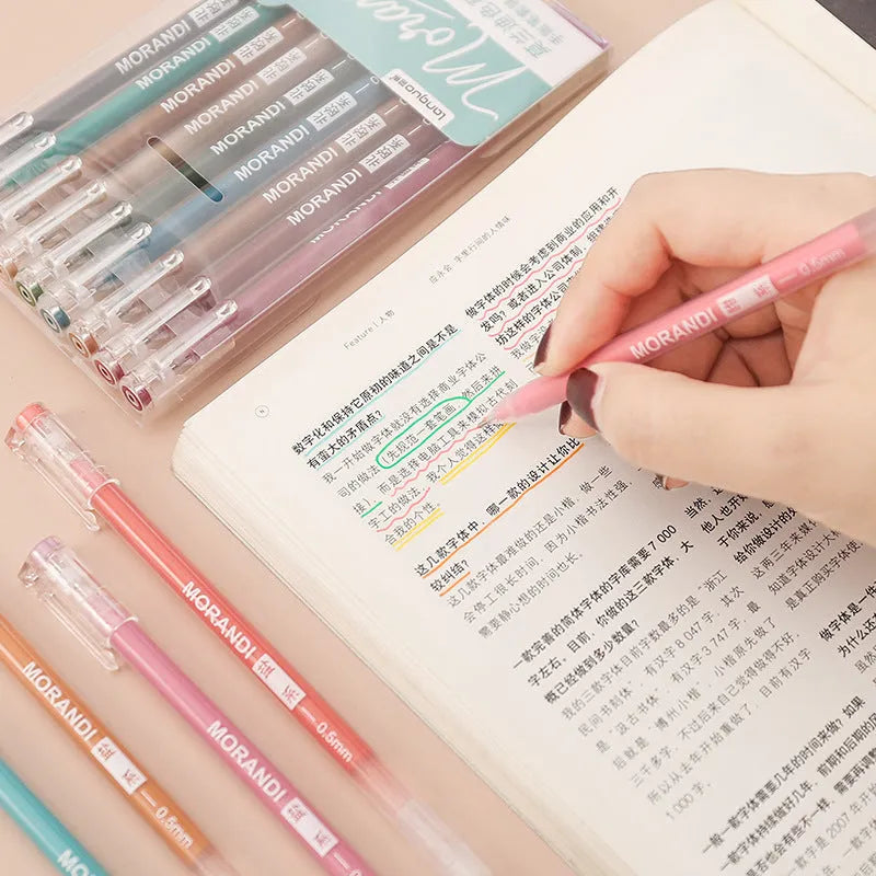 Set of nine retro colour gel pens with 0.5mm needle tips arranged in a row