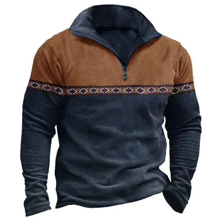 Retro patchwork polo shirt sweater with zip front closure in cotton blend fabric