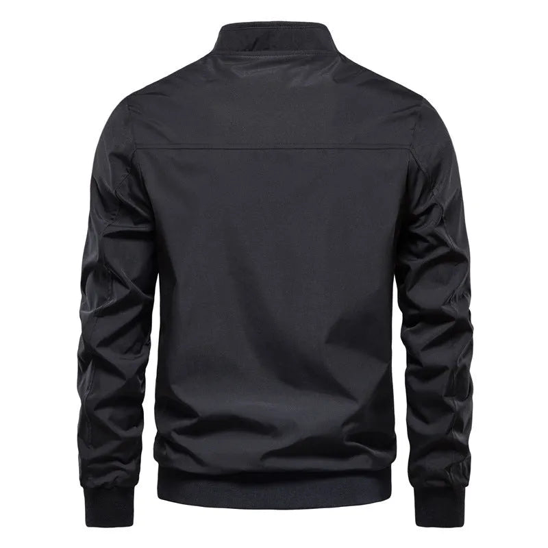 Men's casual thin polyester jacket in dark blue, black or army green colours with solid pattern design