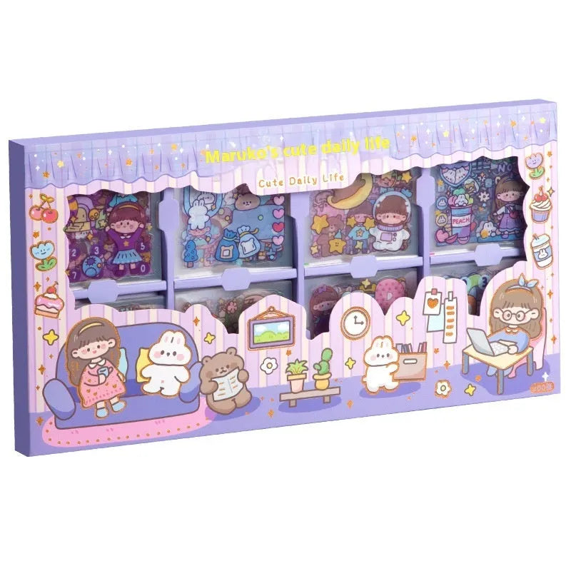 Box of children's themed stickers for notebook decoration with five colourful design options