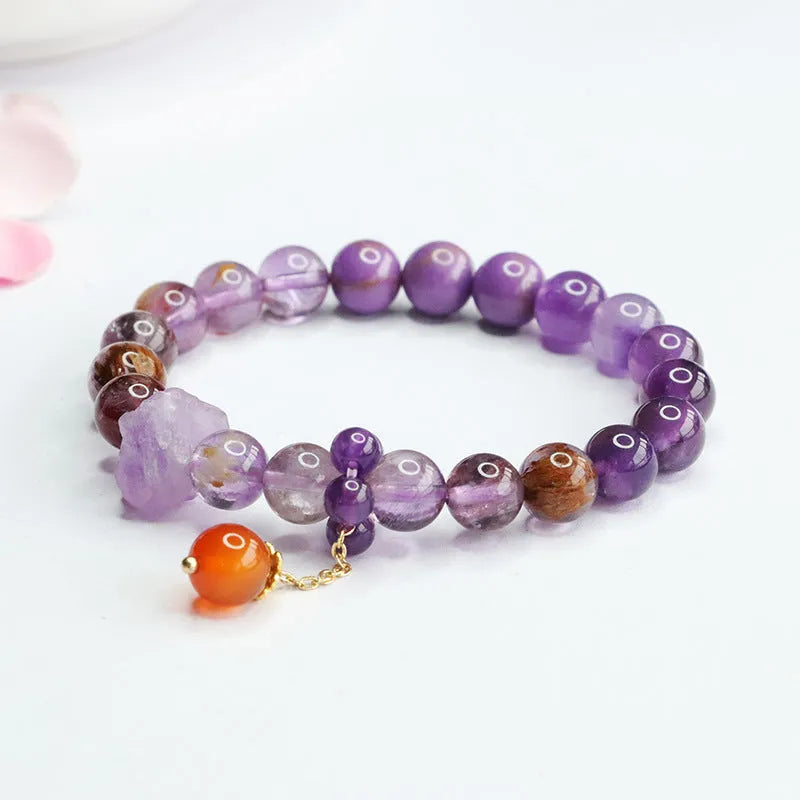 Natural nine purple fire amethyst and red agate Mori style stretch bracelet for Dragon Year