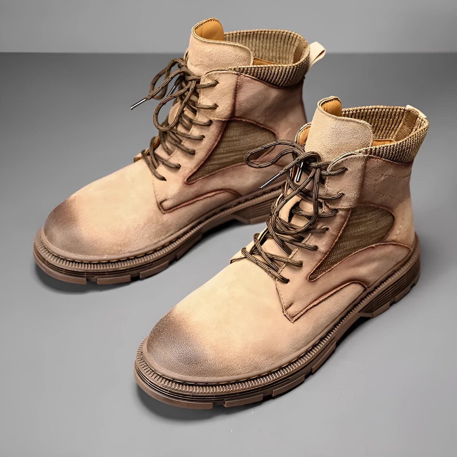 Men's vintage Martin boots in black with a round toe, low thick heel, and rubber sole.