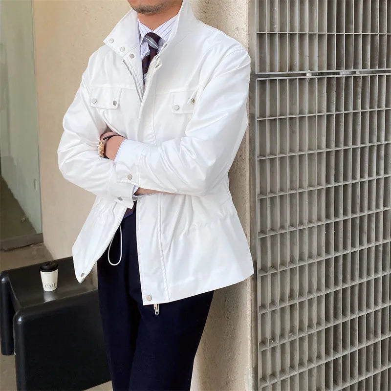 Men's stand collar fine plaid jacket in white with zipper front, slightly wide fit, polyester fabric
