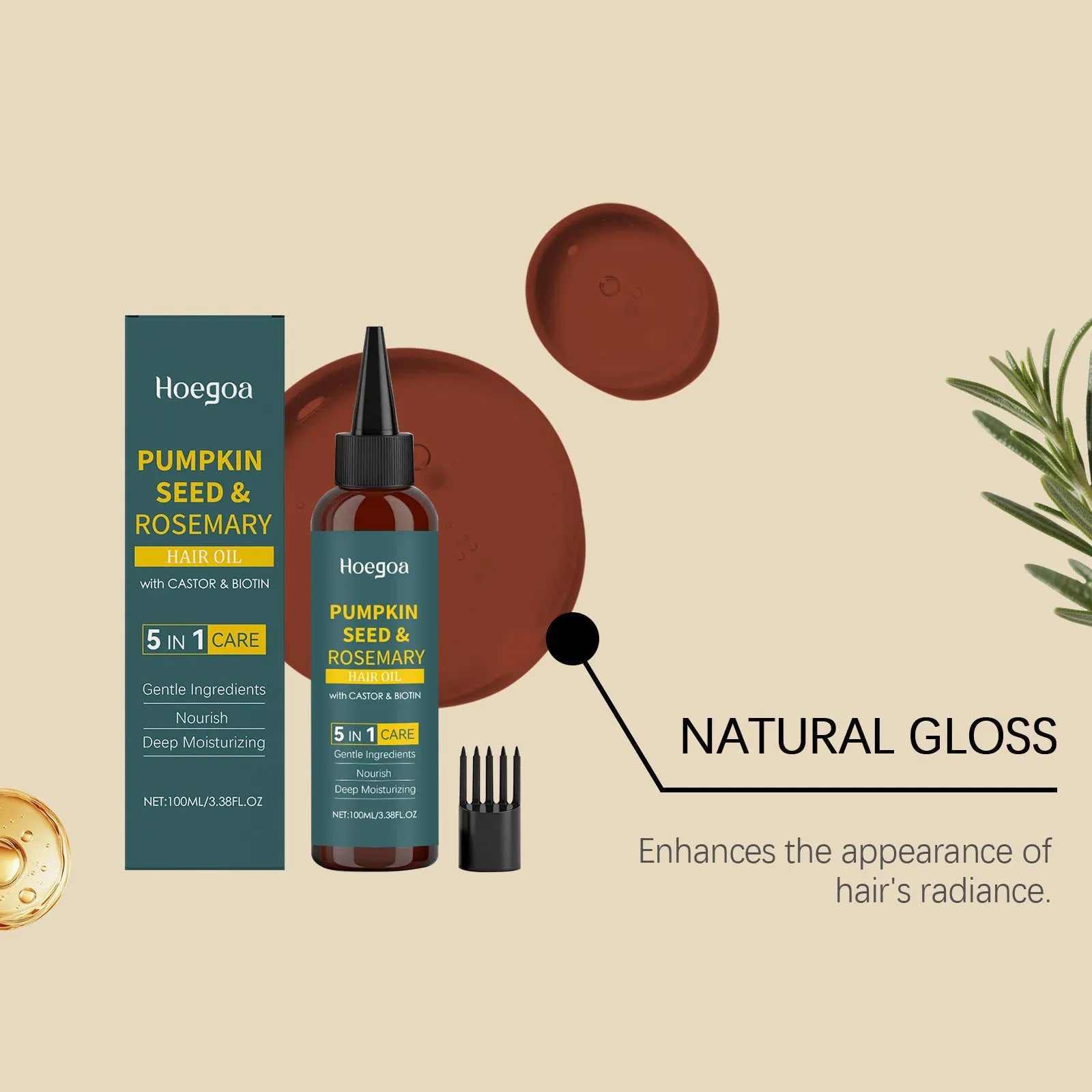 Rosemary hair essential oil bottle with pointed nozzle and hair comb