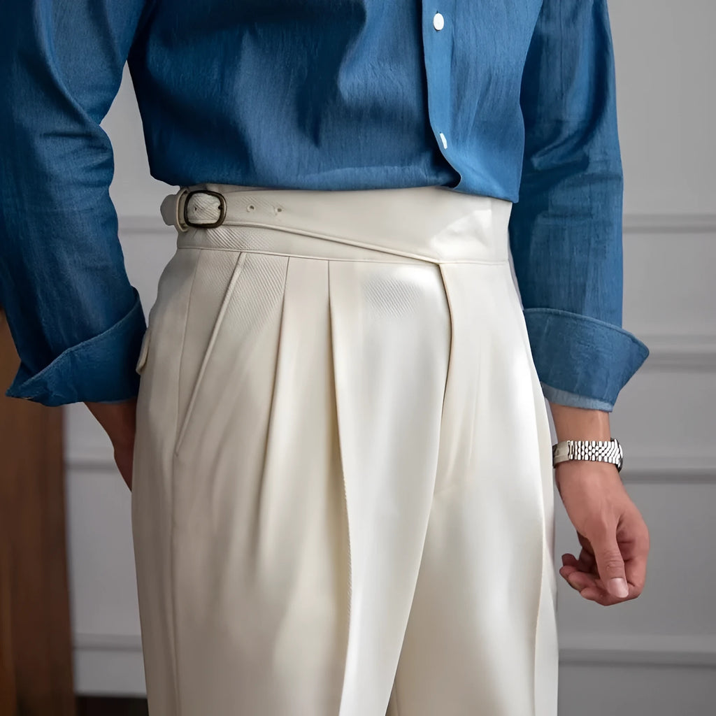 Men's high waist straight leg casual trousers in black, shown flat.