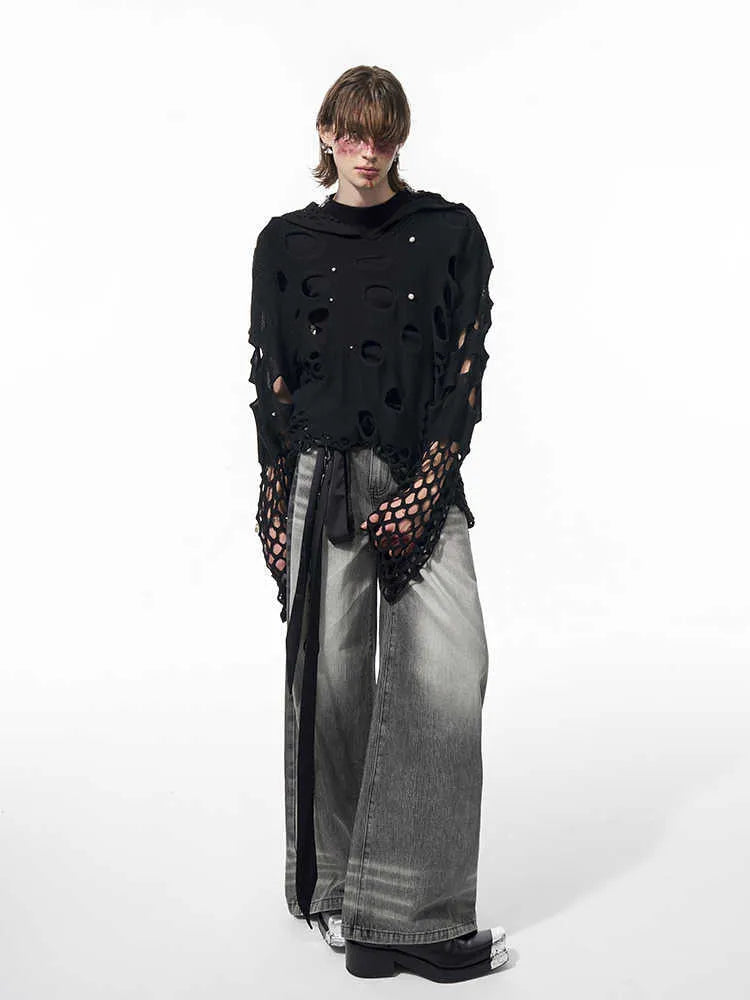 Black men's loose-fit pullover hoodie with pearl decorative details on the hood.