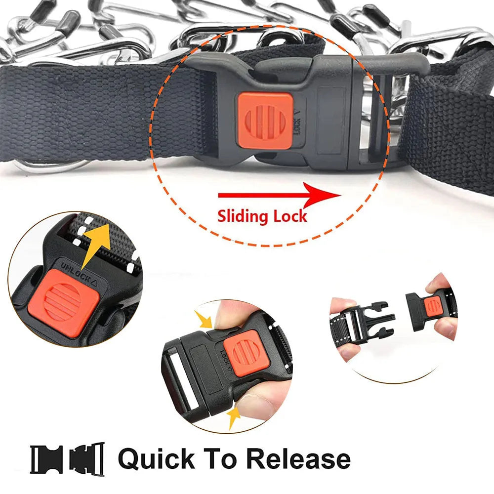 Dog training chain collar with a soft black neoprene cover shown on a size medium setting.
