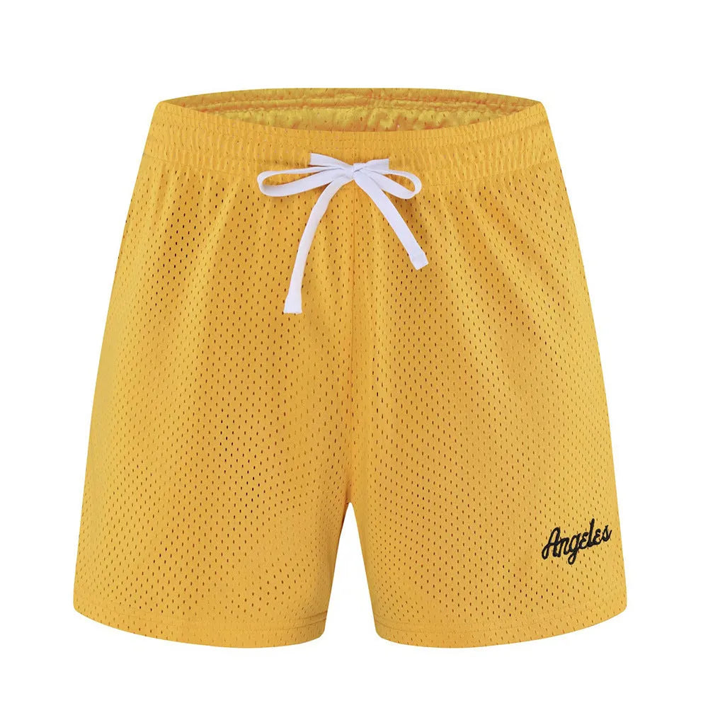 Men's personalised double-layer mesh shorts in a selection of colours on a size chart.